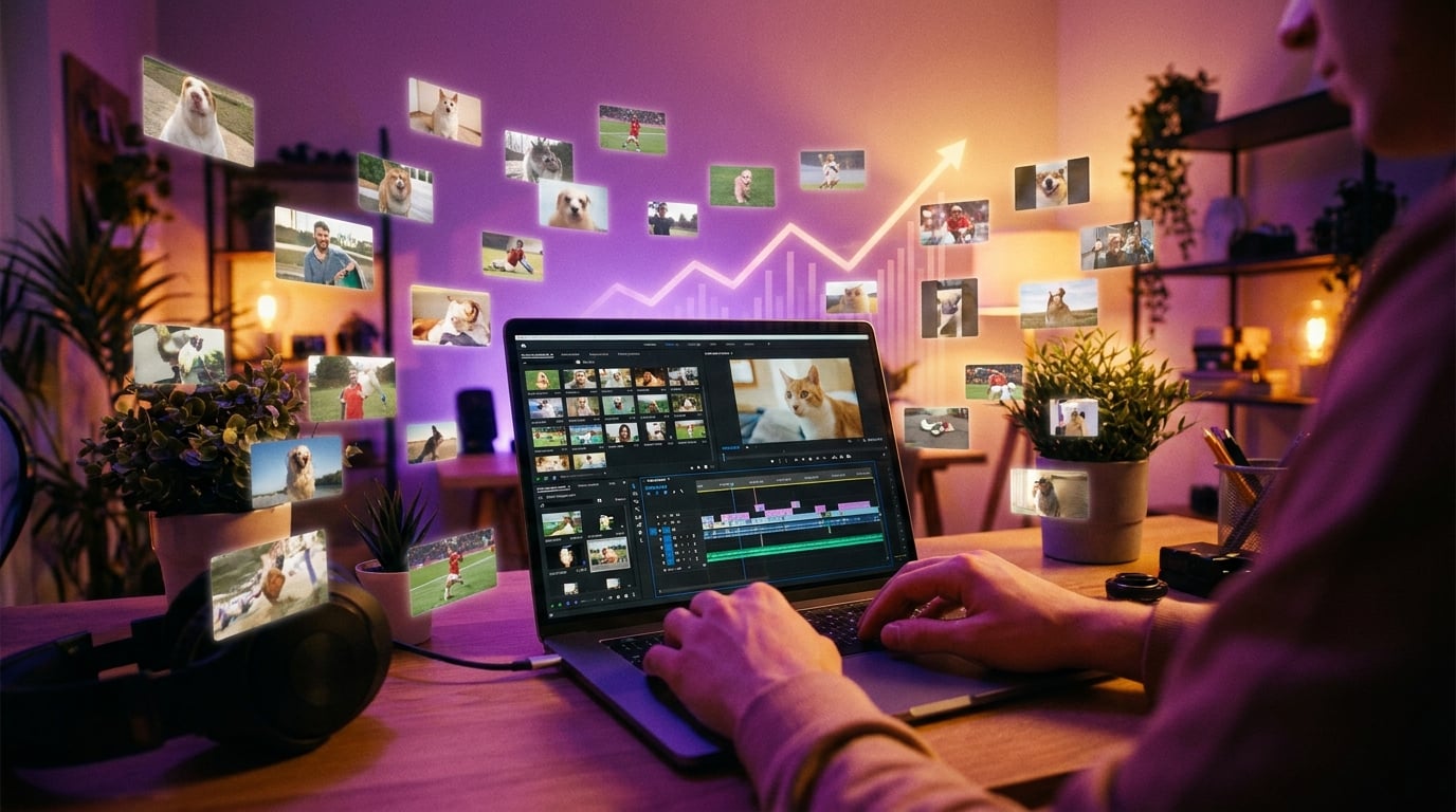 Editing clips at a desk with a rising payout chart